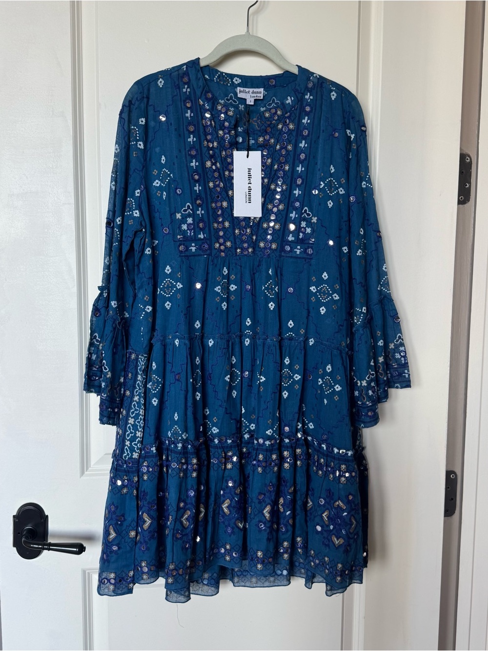 Juliet Dunn London - Sequin Mirror Embellished Printed Cotton Dress Sz 1